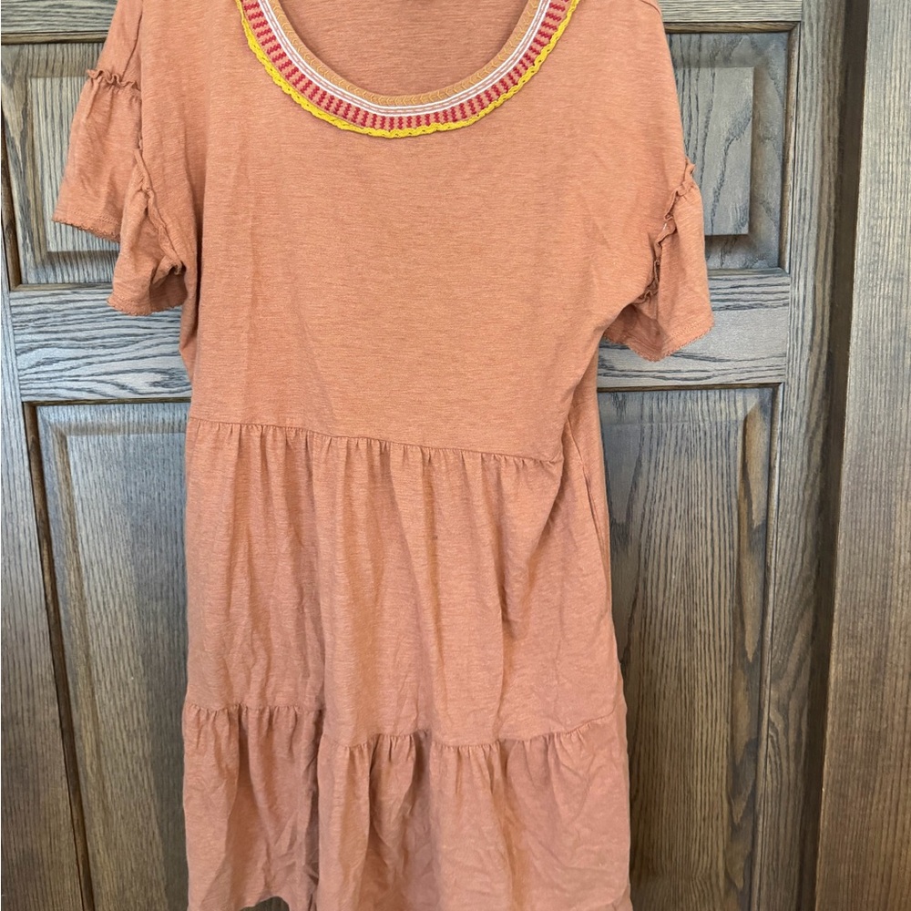 Matilda Jane Terracotta Tiered Dress with Colorful Neckline